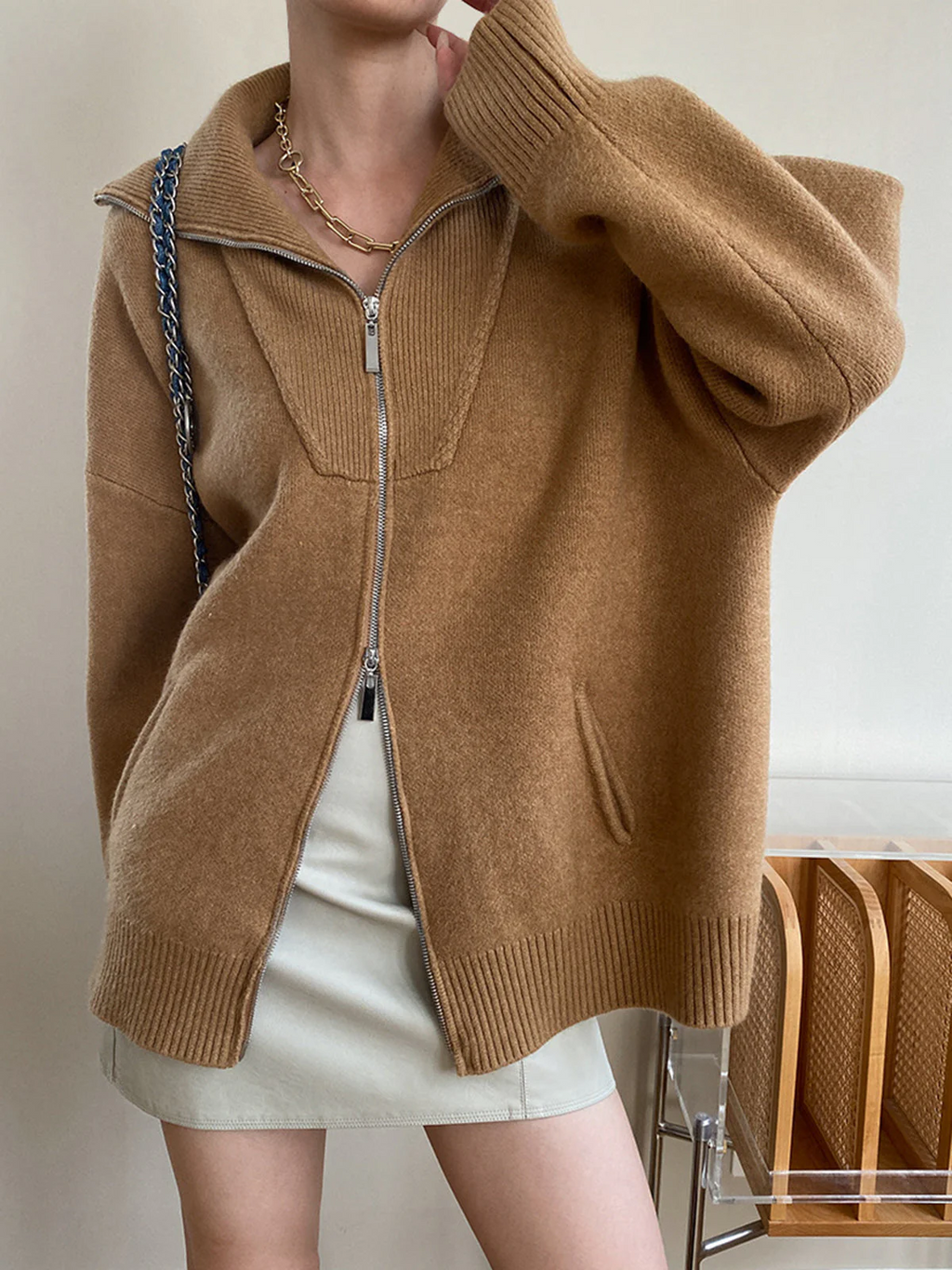 Women’s Cardigan – Oversized Fit – Wool Knit – Zip Front – Open Collar Casual Layer