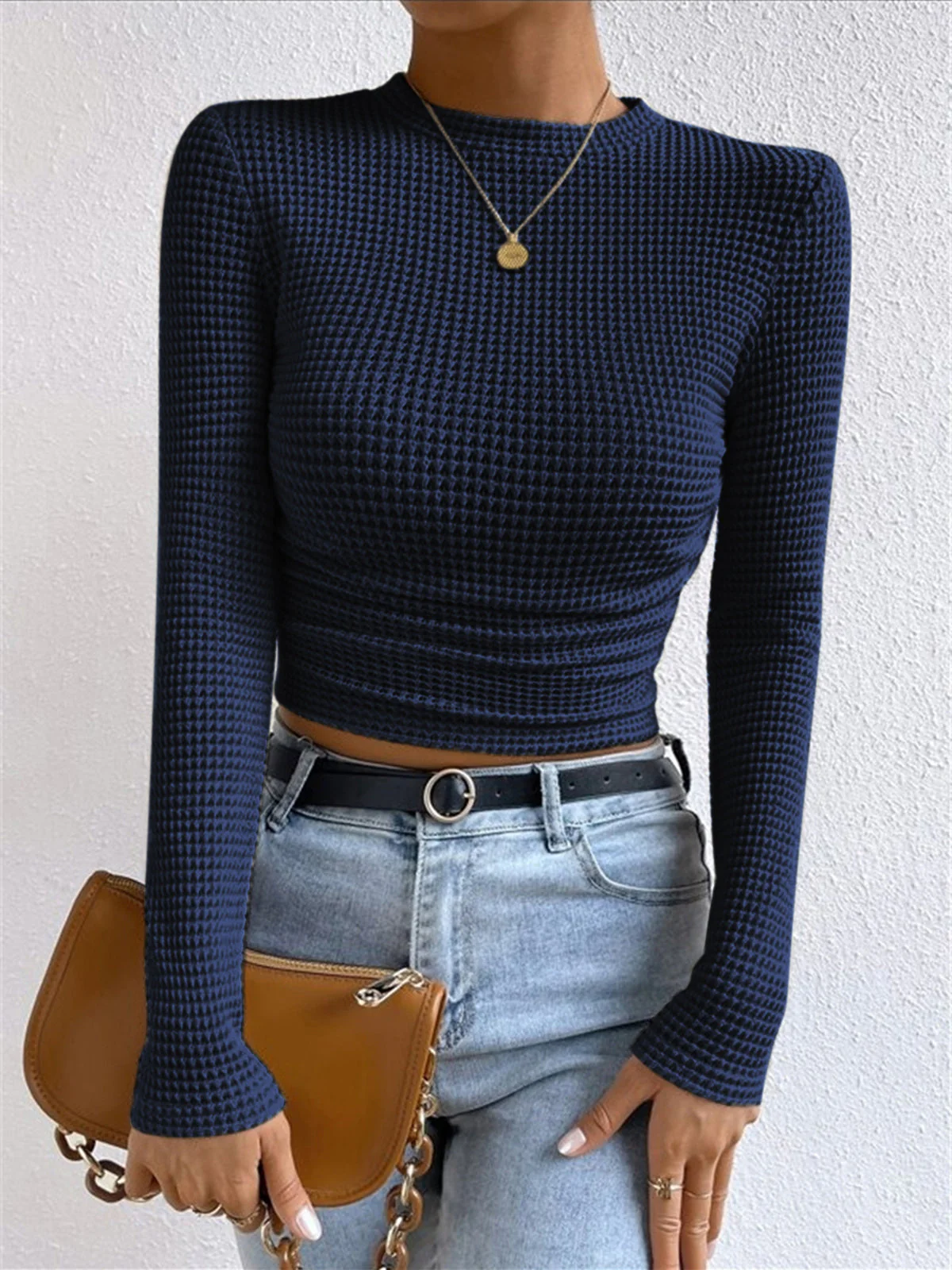 Women’s Cropped Sweatshirt – Slim Fit – Waffle Knit – Long Sleeve – High Neck