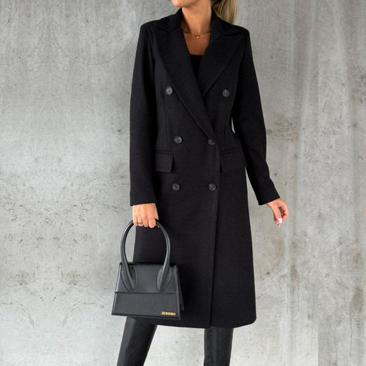 Women’s Double-Breasted Coat – Tailored Fit – Wool Blend – Knee Length Formal Wear