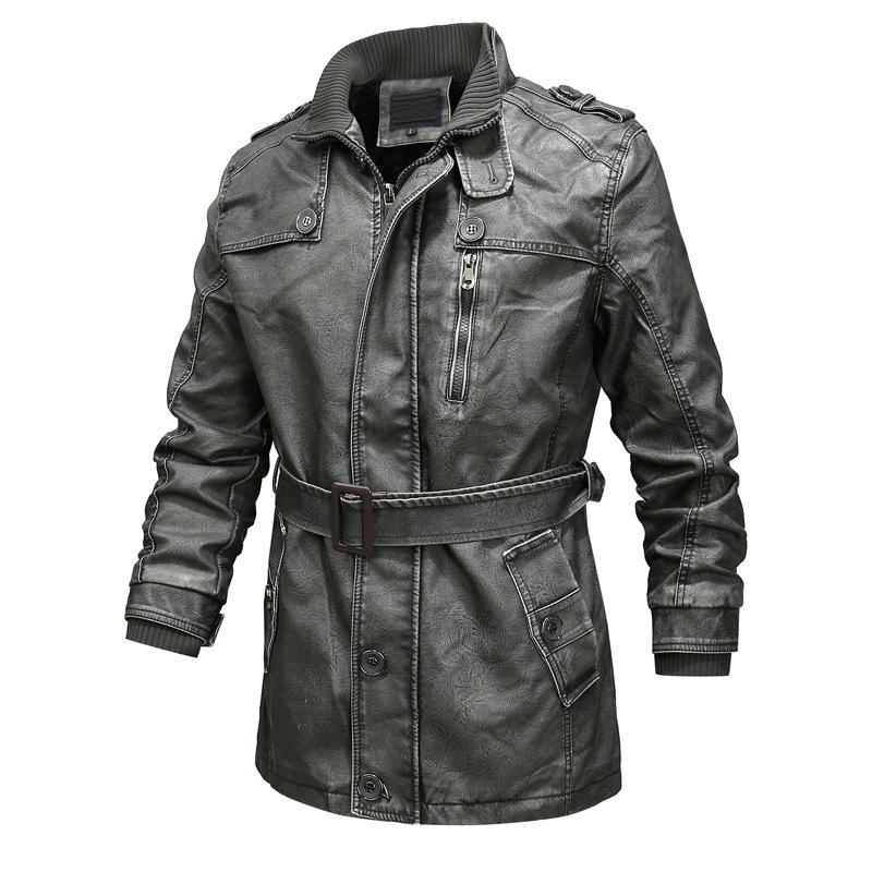 Men’s Trench Coat – Regular Fit – Washed Leather Look – Belted – Plush Lined – Zip Closure