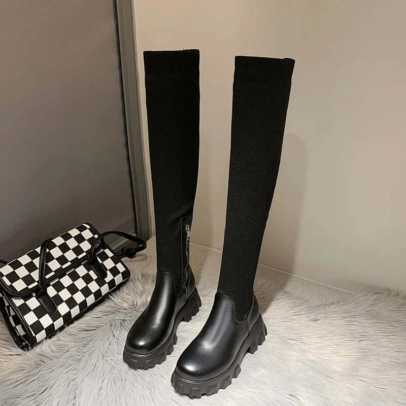 Women’s Over-the-Knee Boots – Slim Fit – Stretch Upper – Chunky Sole – Zip Fastening