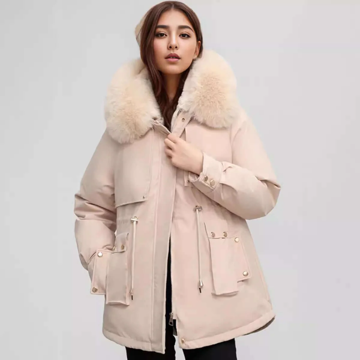 Women’s Hip-Length Coat – Faux Fur Collar – Cinched Waist – Tailored Fit – Zip Closure
