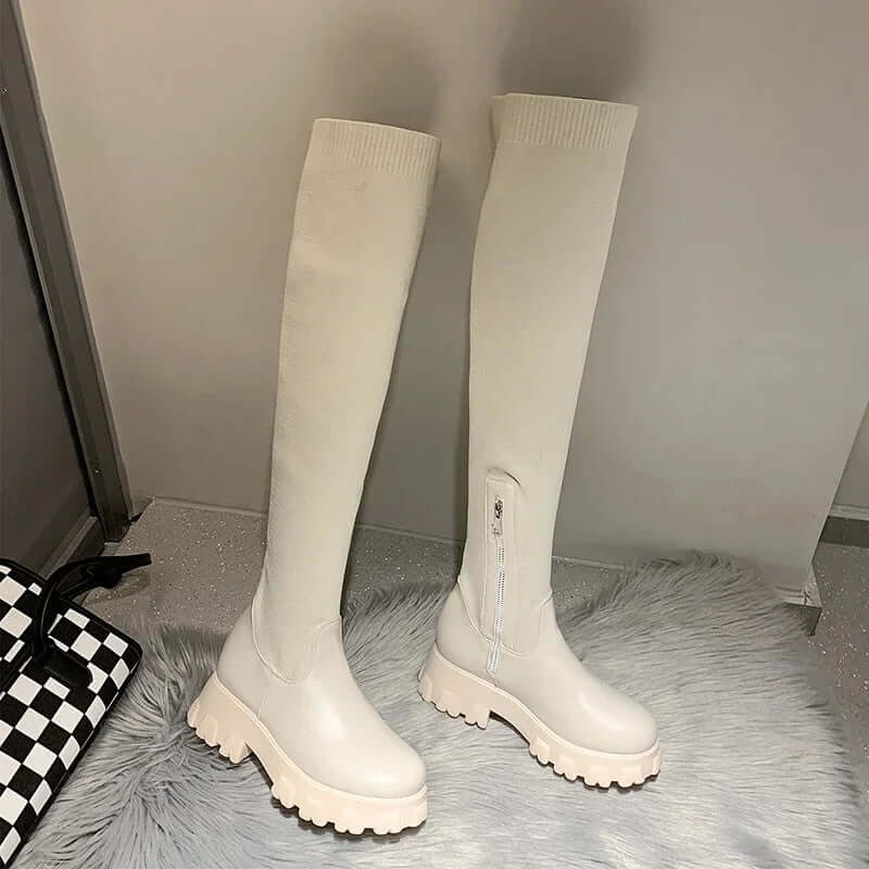 Women’s Over-the-Knee Boots – Slim Fit – Stretch Upper – Chunky Sole – Zip Fastening