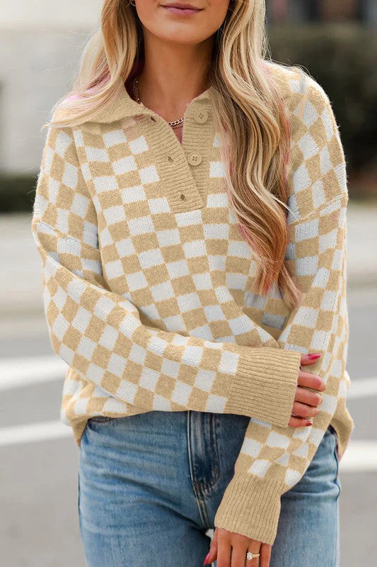 Women’s V-Neck Sweater – Wool Knit – Relaxed Fit – Checkered Pattern – Button Neckline
