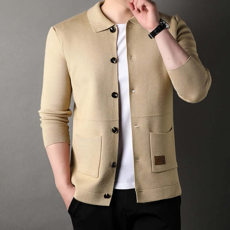 Men’s Cardigan – Slim Fit Knitwear – Classic Collar – Button Front – Ribbed Trim