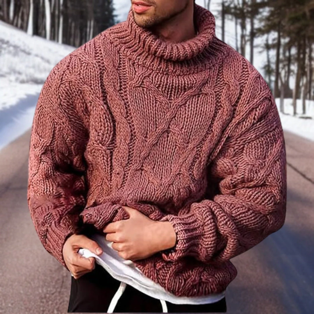 Men’s Sweatshirt – Chunky Cable Knit – Turtleneck Collar – Oversized Wool Blend Fit