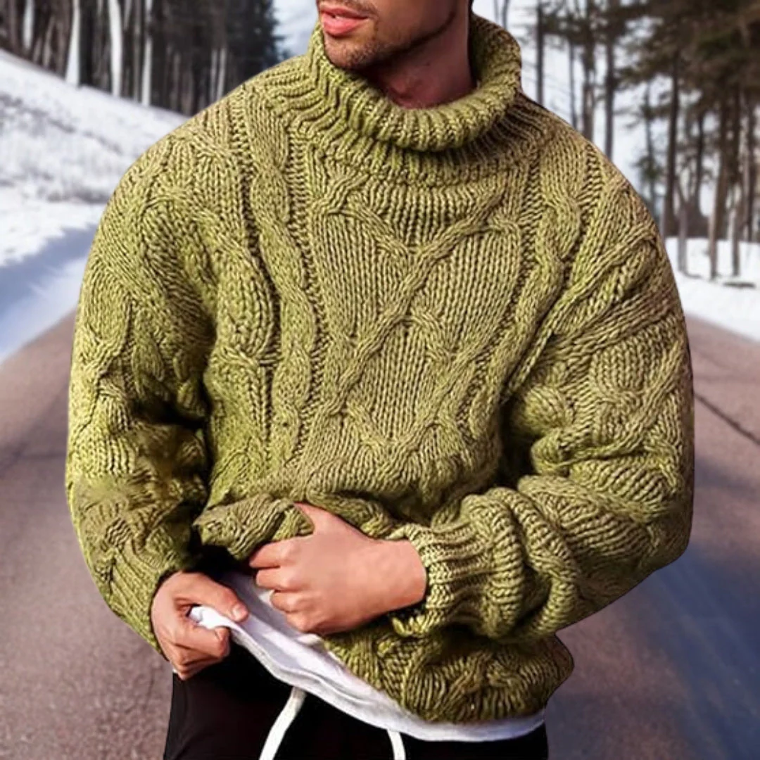 Men’s Sweatshirt – Chunky Cable Knit – Turtleneck Collar – Oversized Wool Blend Fit