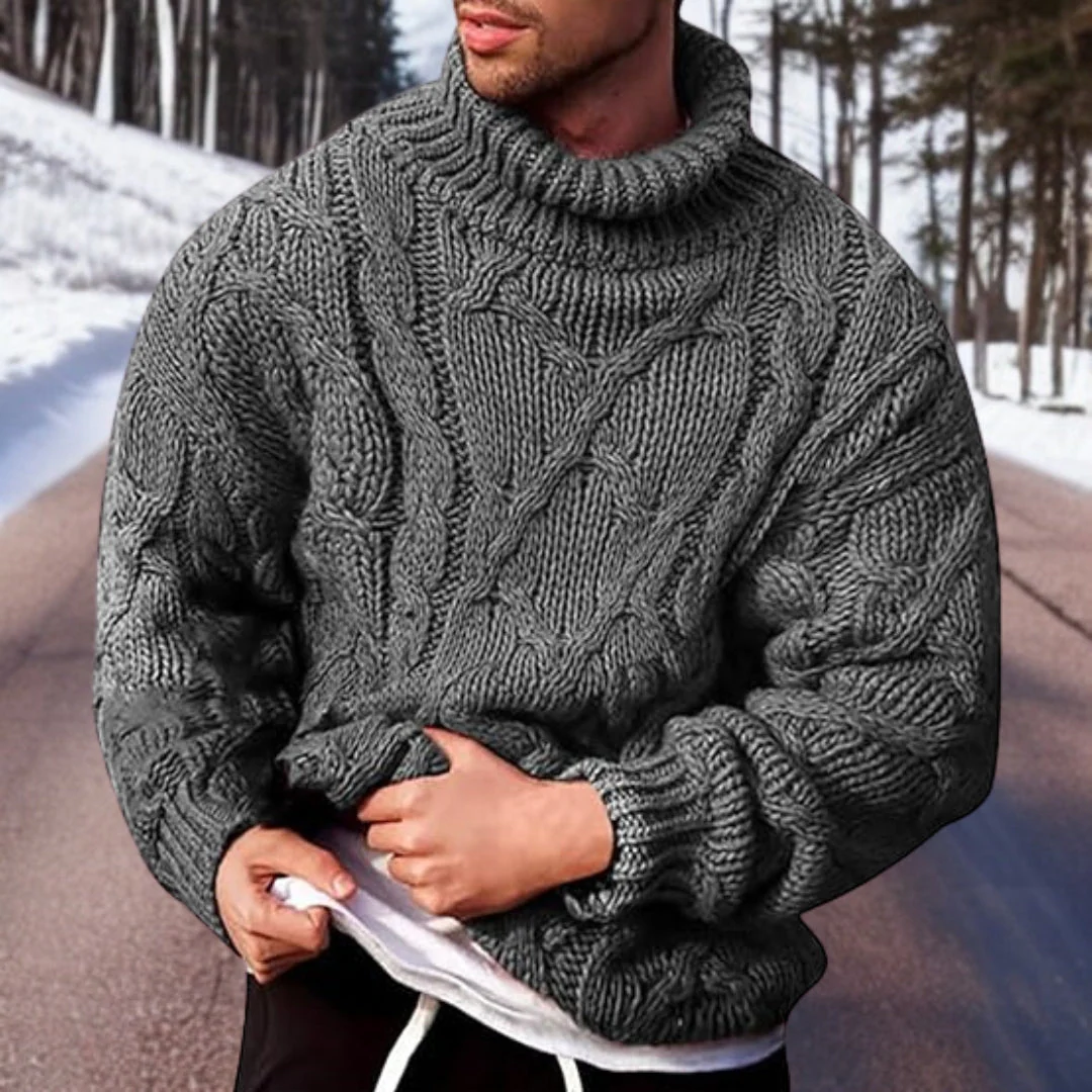 Men’s Sweatshirt – Chunky Cable Knit – Turtleneck Collar – Oversized Wool Blend Fit