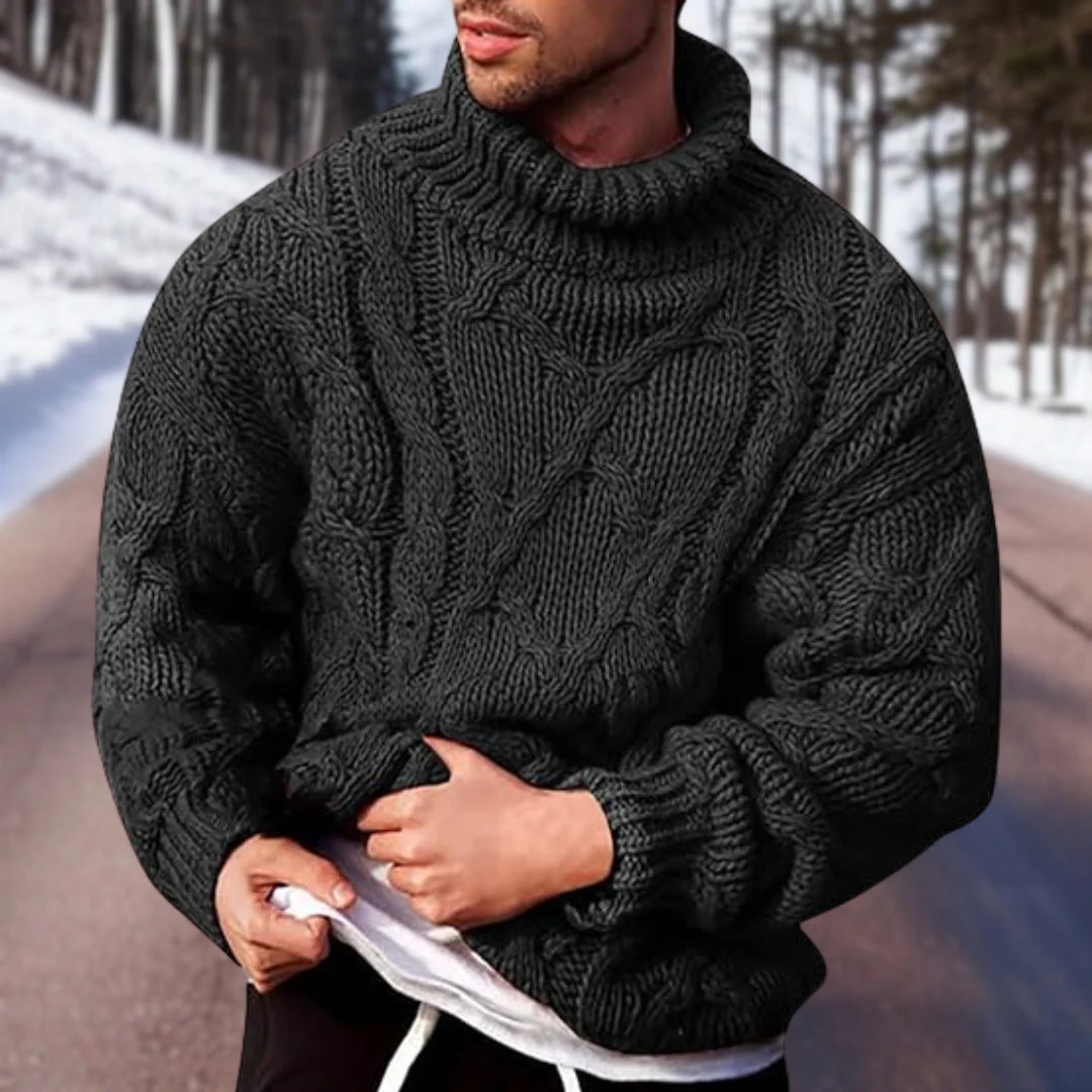 Men’s Sweatshirt – Chunky Cable Knit – Turtleneck Collar – Oversized Wool Blend Fit