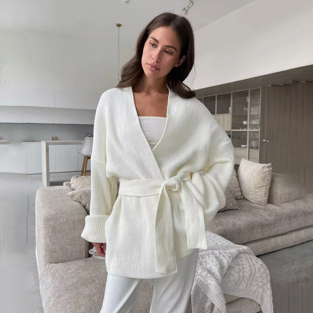Women’s Knit Cardigan – Relaxed Fit – Wrap Style – Ribbed – Belted Waist – Wide Sleeves
