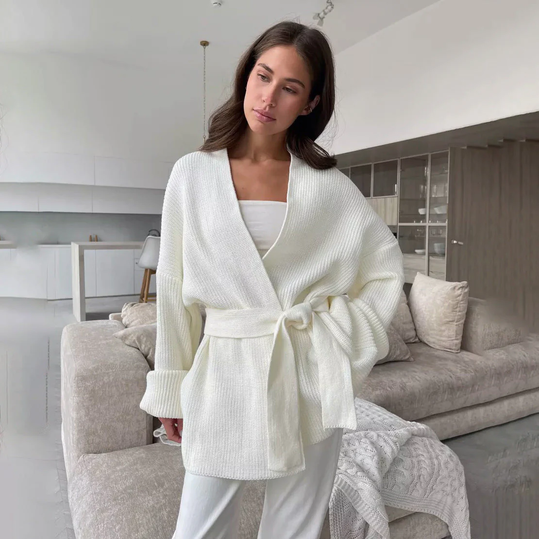 Women’s Knit Cardigan – Relaxed Fit – Wrap Style – Ribbed – Belted Waist – Wide Sleeves