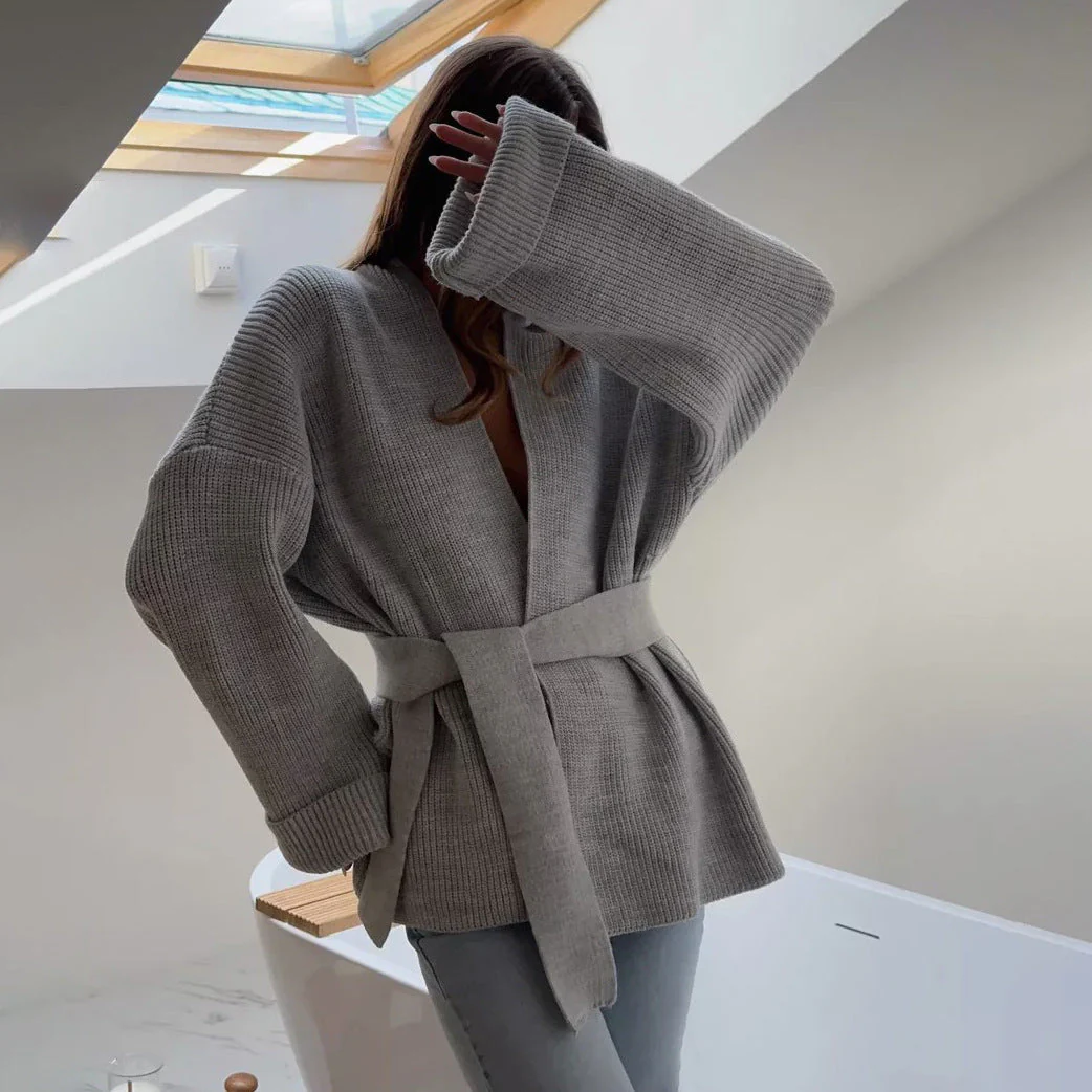 Women’s Knit Cardigan – Relaxed Fit – Wrap Style – Ribbed – Belted Waist – Wide Sleeves