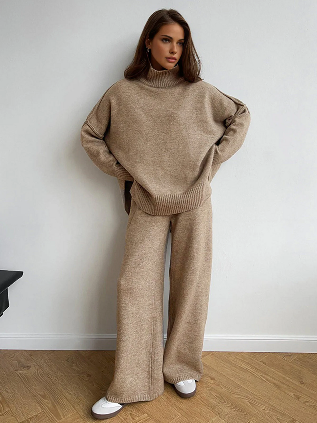 Women’s Knit Co-Ord Set – Oversized Turtleneck Top – Wide Leg Trousers – Wool Feel