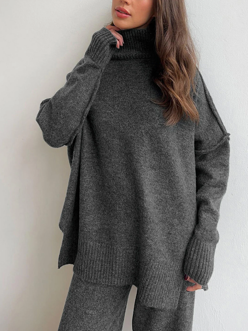 Women’s Knit Co-Ord Set – Oversized Turtleneck Top – Wide Leg Trousers – Wool Feel
