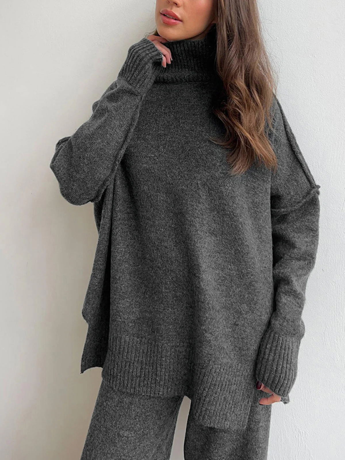 Women’s Knit Co-Ord Set – Oversized Turtleneck Top – Wide Leg Trousers – Wool Feel