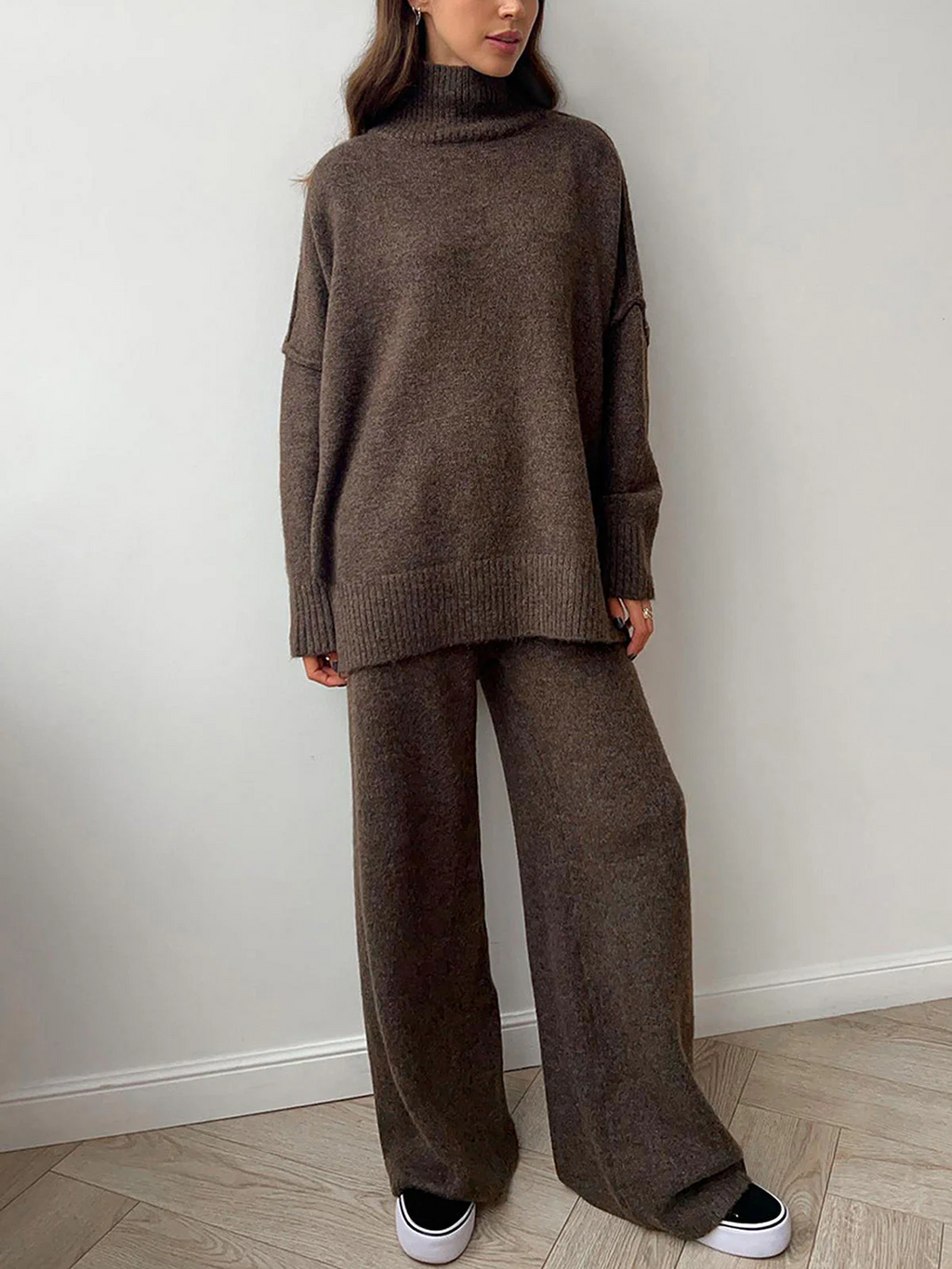 Women’s Knit Co-Ord Set – Oversized Turtleneck Top – Wide Leg Trousers – Wool Feel
