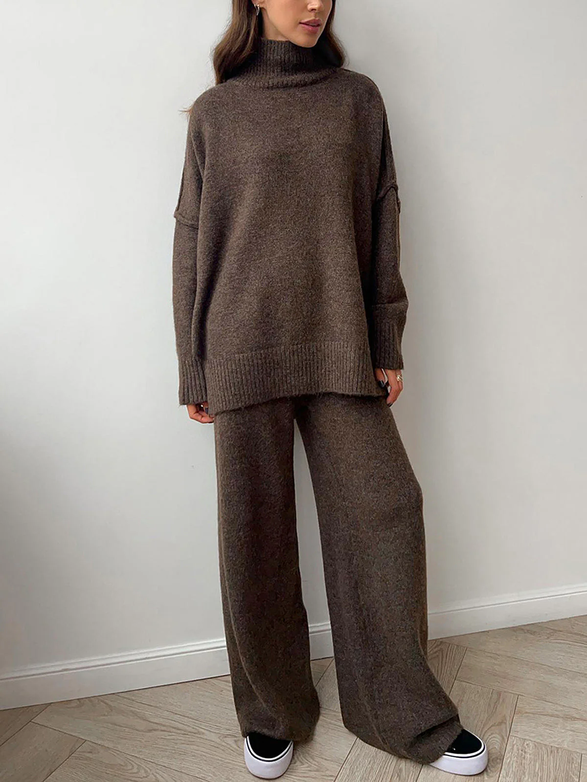 Women’s Knit Co-Ord Set – Oversized Turtleneck Top – Wide Leg Trousers – Wool Feel