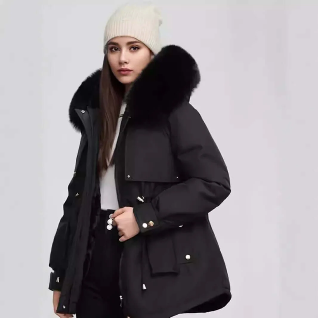 Women’s Hip-Length Coat – Faux Fur Collar – Cinched Waist – Tailored Fit – Zip Closure