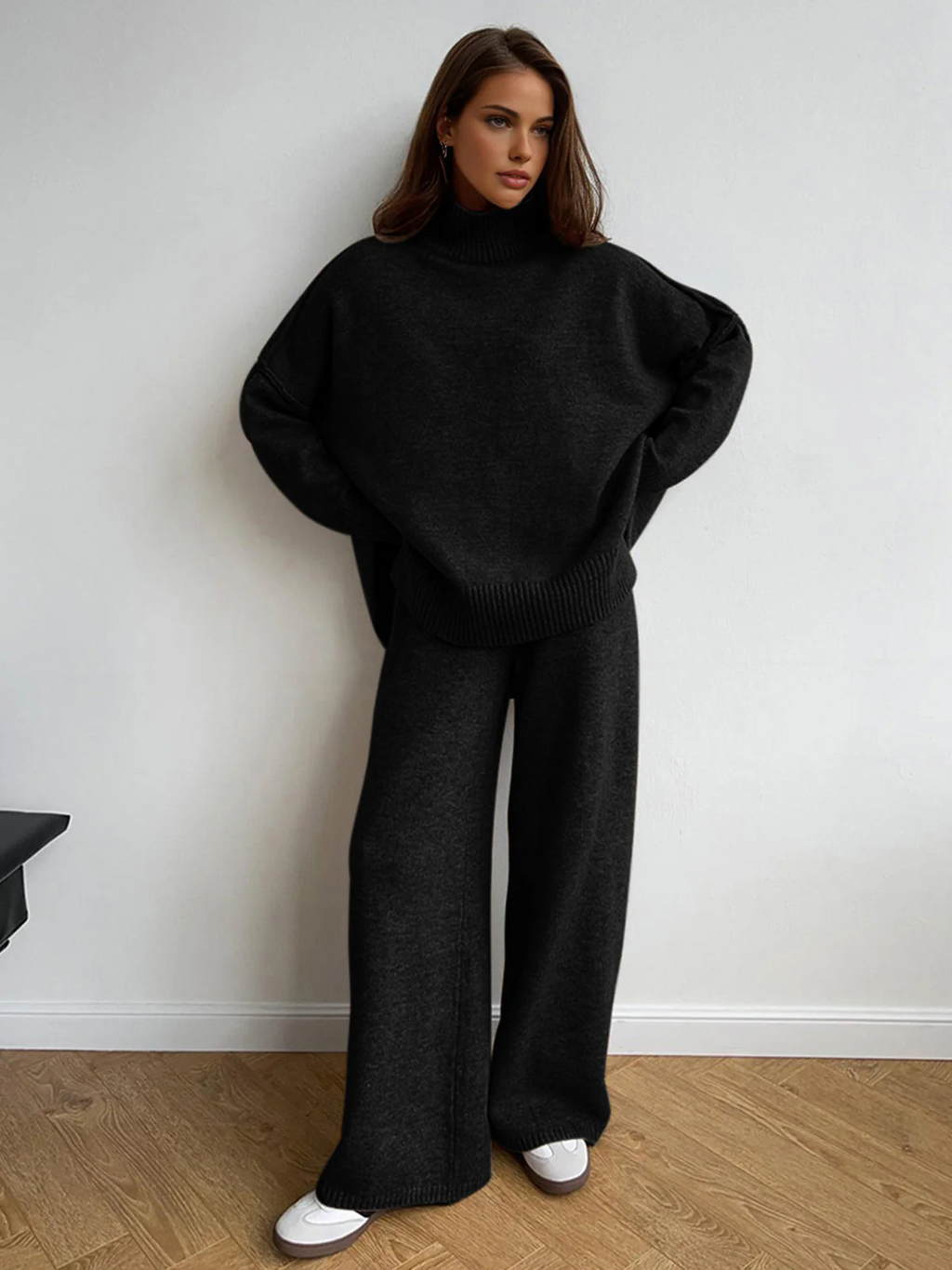 Women’s Knit Co-Ord Set – Oversized Turtleneck Top – Wide Leg Trousers – Wool Feel