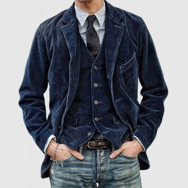 Men’s Blazer and Vest Set – Corduroy Texture – Relaxed Fit Blazer – Tailored Vest