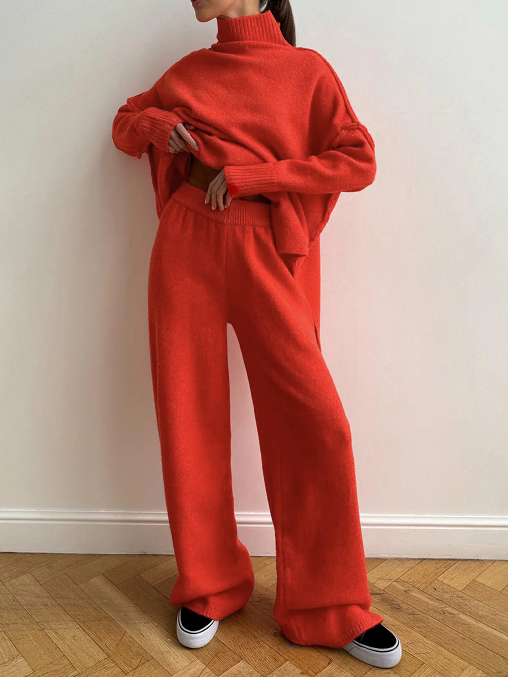 Women’s Knit Co-Ord Set – Oversized Turtleneck Top – Wide Leg Trousers – Wool Feel