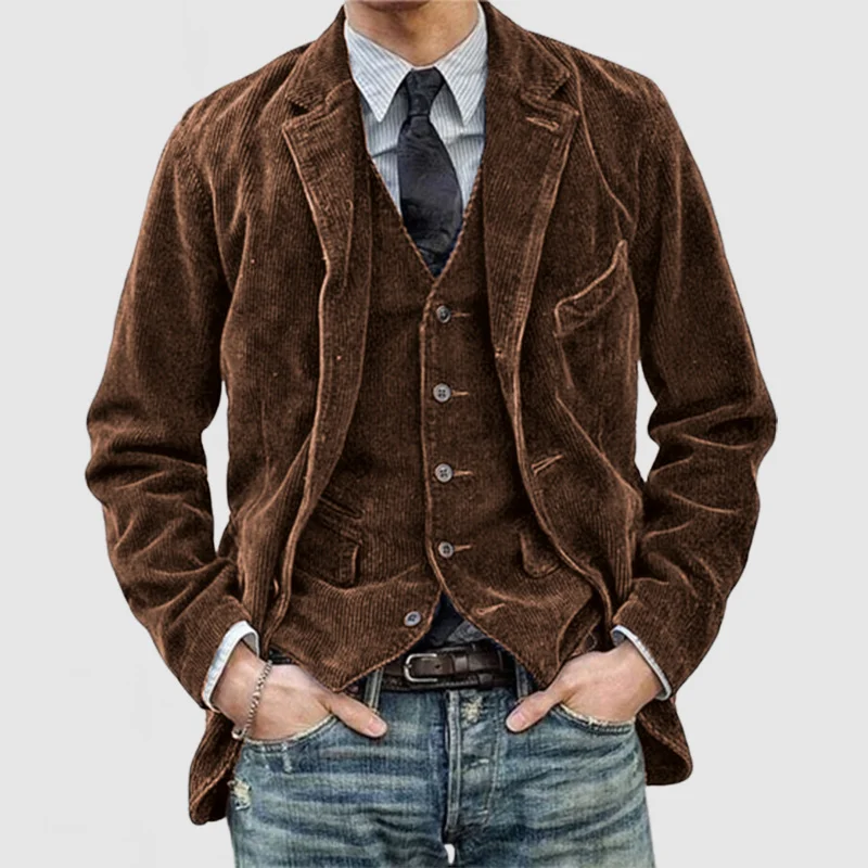 Men’s Blazer and Vest Set – Corduroy Texture – Relaxed Fit Blazer – Tailored Vest