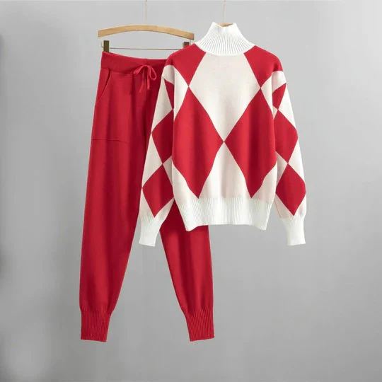 Women’s Knitwear Loungewear Set – Relaxed Fit – Turtleneck – Geometric Pattern