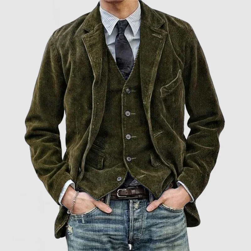 Men’s Blazer and Vest Set – Corduroy Texture – Relaxed Fit Blazer – Tailored Vest