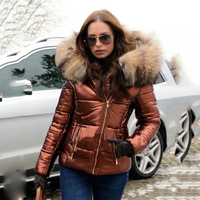 Women’s Puffer Jacket – Fitted Silhouette – Quilted Design – Faux Fur Hood – Zip Closure