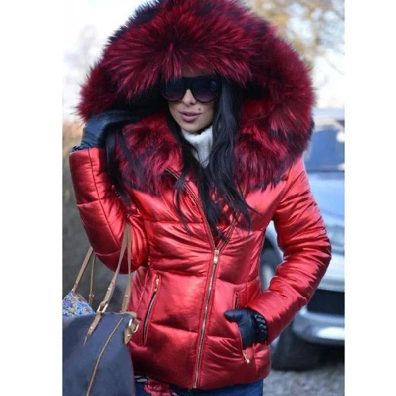 Women’s Puffer Jacket – Fitted Silhouette – Quilted Design – Faux Fur Hood – Zip Closure