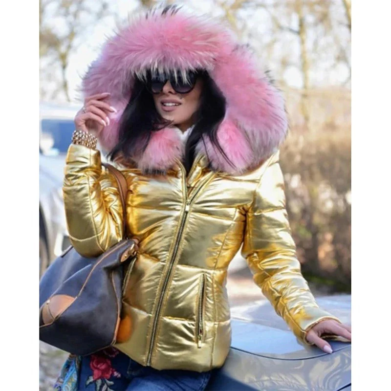 Women’s Puffer Jacket – Fitted Silhouette – Quilted Design – Faux Fur Hood – Zip Closure