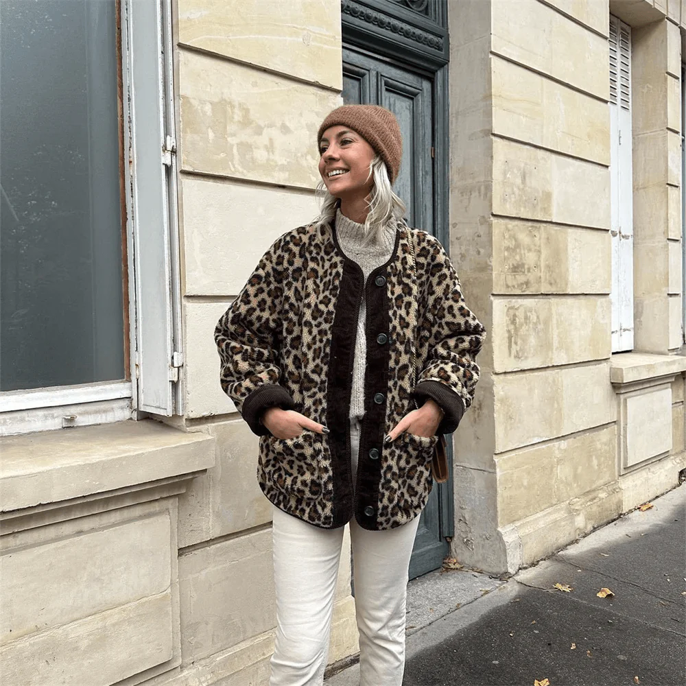 Women’s Jacket – Oversized Fit – Faux Fur – Bold Print – Button Front – Patch Pockets