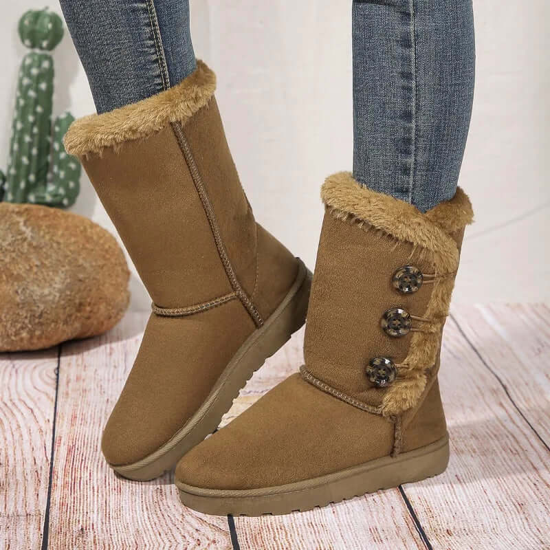 Women’s Boots – Leather Upper – Plush Lined – Flat Sole – Mid Calf Fit