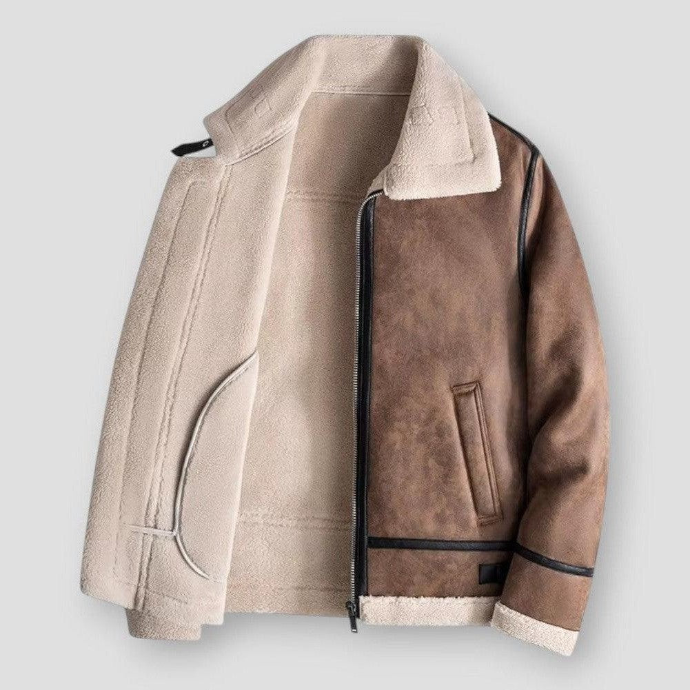 Men’s Jacket – Relaxed Fit – Shearling Trim – Leather Look – Hip Length – Zip Pockets