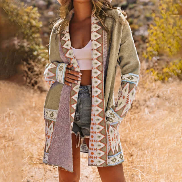 Women’s Long Cardigan – Relaxed Fit – Knit Texture – Open Front – Geometric Pattern – Patch Pockets