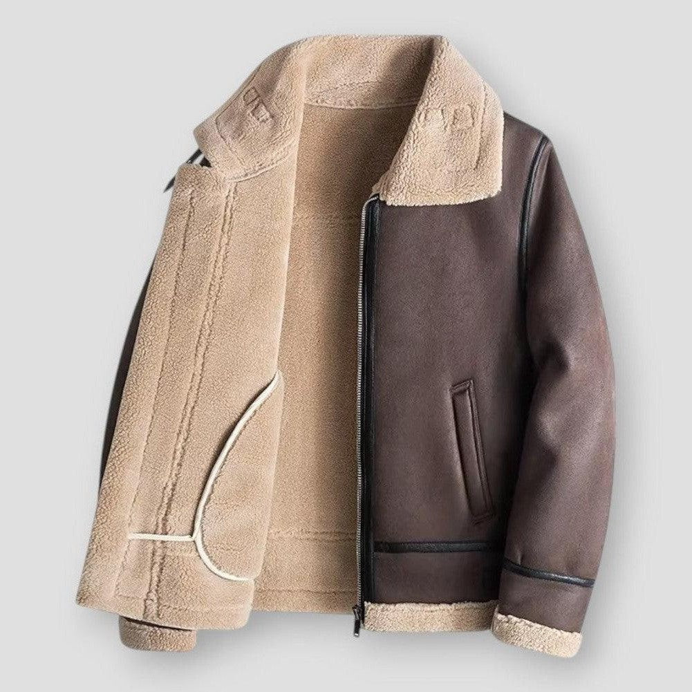 Men’s Jacket – Relaxed Fit – Shearling Trim – Leather Look – Hip Length – Zip Pockets