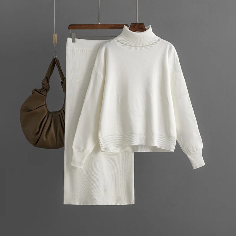 Women’s Knit Sweater and Skirt Set – Turtleneck – Relaxed Fit Top – Slim Skirt – Ribbed