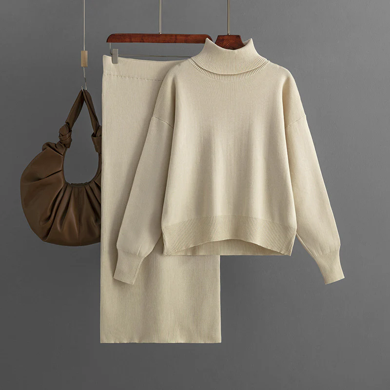Women’s Knit Sweater and Skirt Set – Turtleneck – Relaxed Fit Top – Slim Skirt – Ribbed