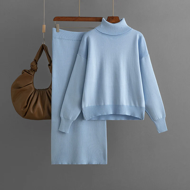Women’s Knit Sweater and Skirt Set – Turtleneck – Relaxed Fit Top – Slim Skirt – Ribbed