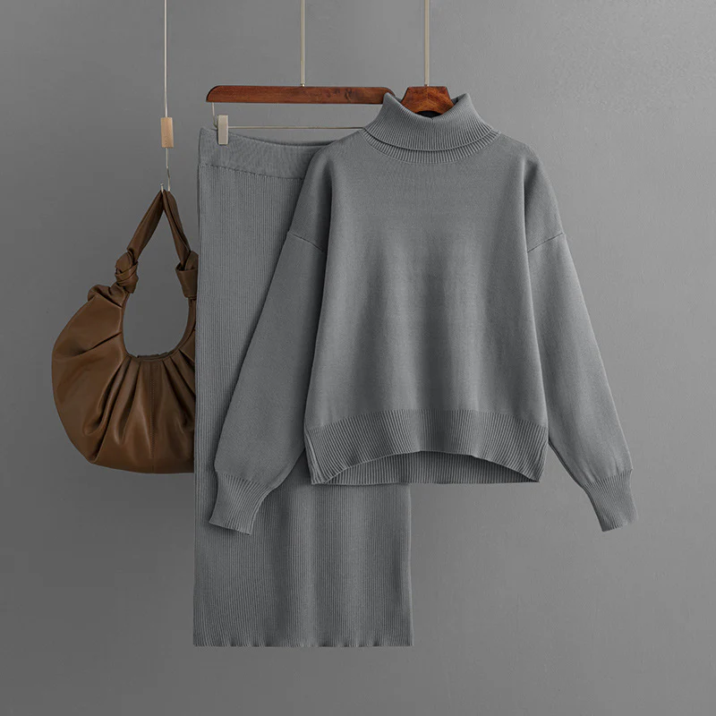 Women’s Knit Sweater and Skirt Set – Turtleneck – Relaxed Fit Top – Slim Skirt – Ribbed