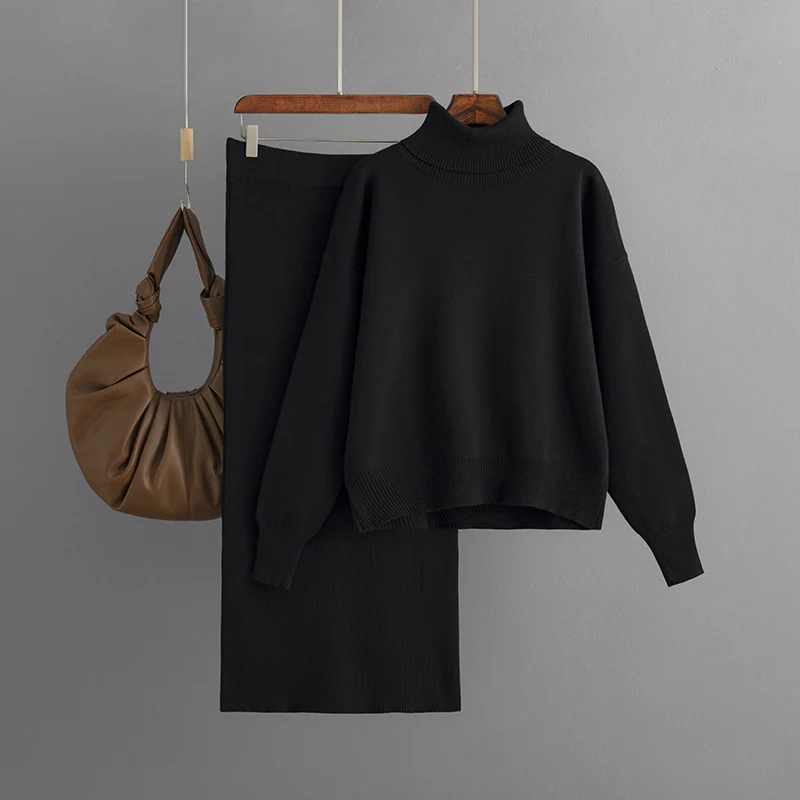 Women’s Knit Sweater and Skirt Set – Turtleneck – Relaxed Fit Top – Slim Skirt – Ribbed