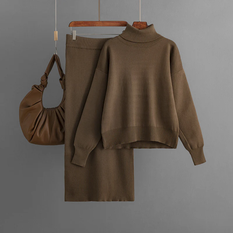 Women’s Knit Sweater and Skirt Set – Turtleneck – Relaxed Fit Top – Slim Skirt – Ribbed