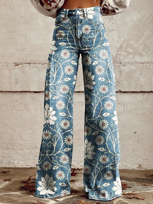 Women’s Trousers – Wide Leg – High Waist – Vintage Floral Print – Cotton Feel