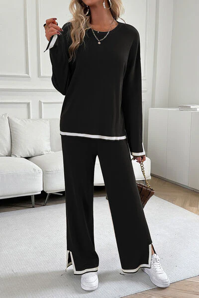 Women’s Two-Piece Knit Set – Relaxed Fit – Long Sleeve Top – Flared Trousers – Trim Detail