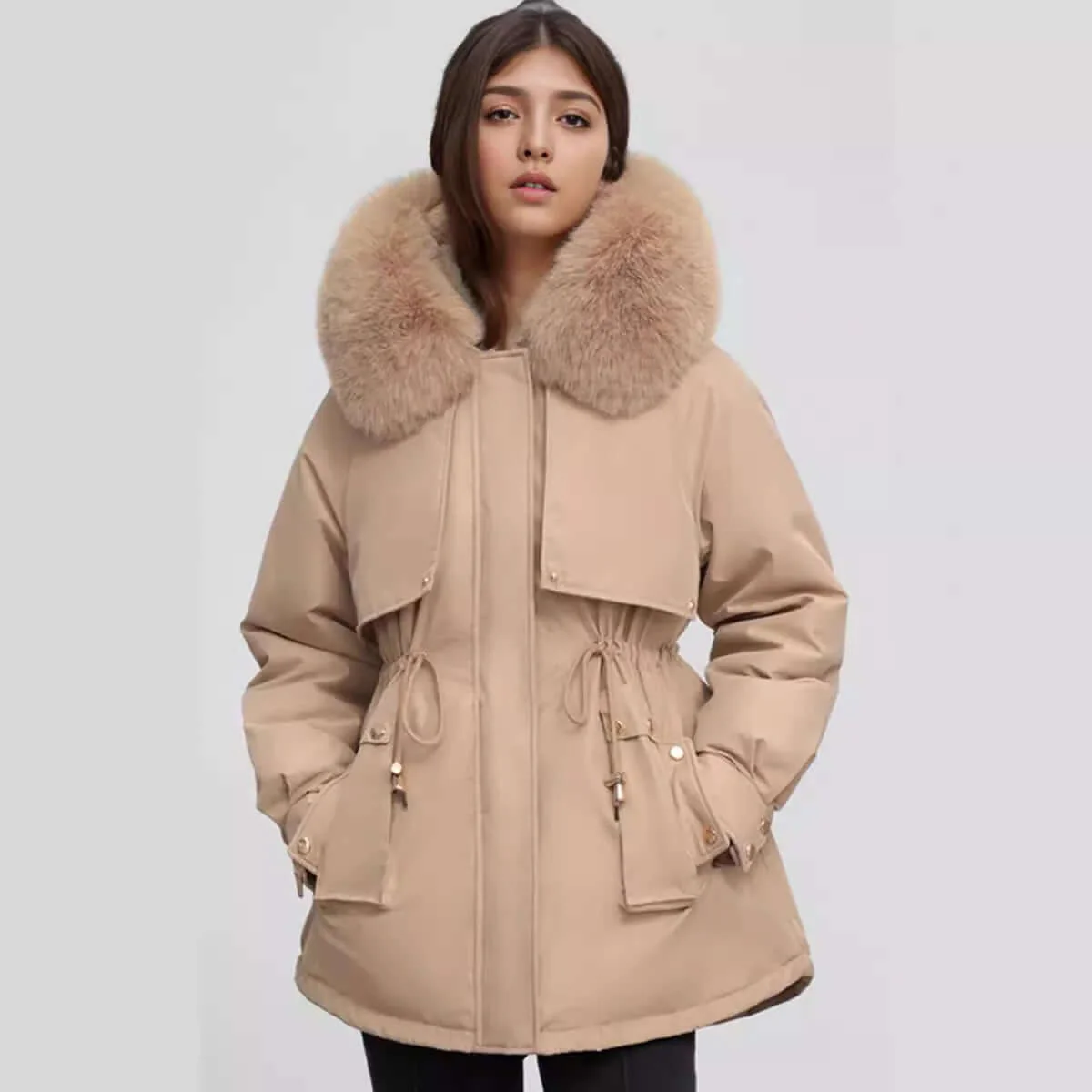 Women’s Hip-Length Coat – Faux Fur Collar – Cinched Waist – Tailored Fit – Zip Closure
