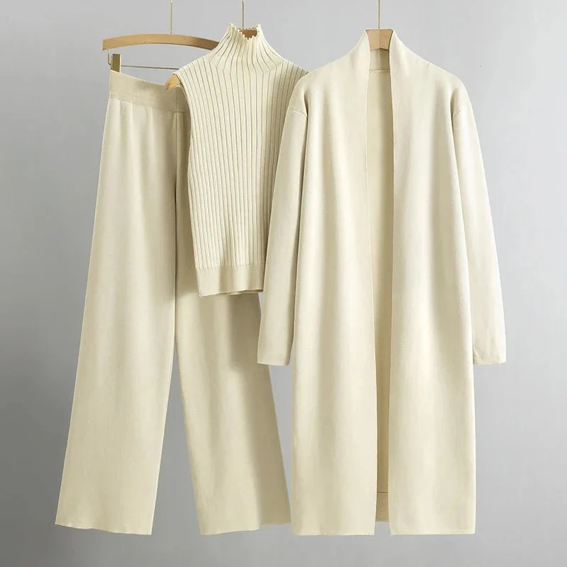 Women’s 3-Piece Knit Set – Ribbed Sleeveless Top – Wide Leg Pants – Longline Open Cardigan