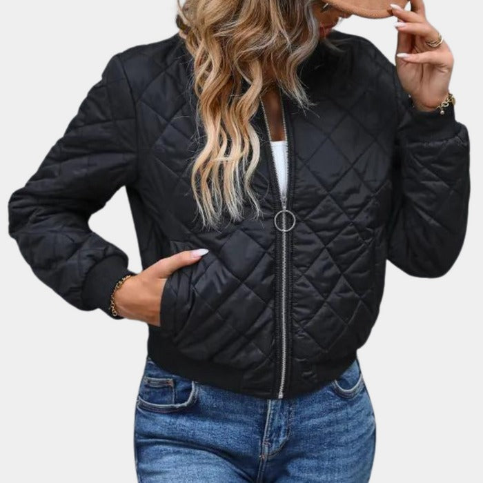 Women’s Bomber Jacket – Quilted Fabric – Fitted Waist – Ribbed Hem – Zip Closure