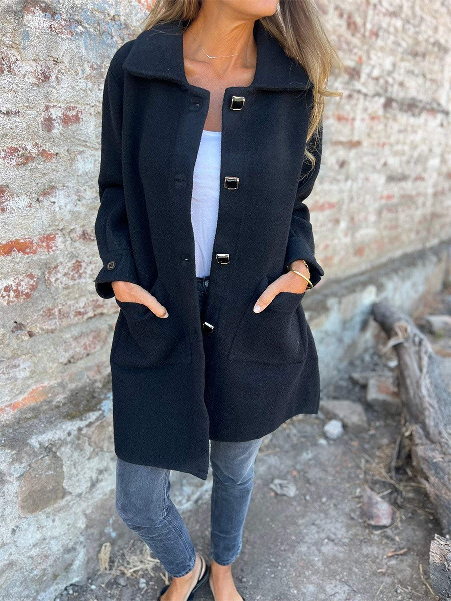 Women’s Long Coat – Structured Fit – Wool Feel – Lapel Collar – Button Cuffs – Pockets