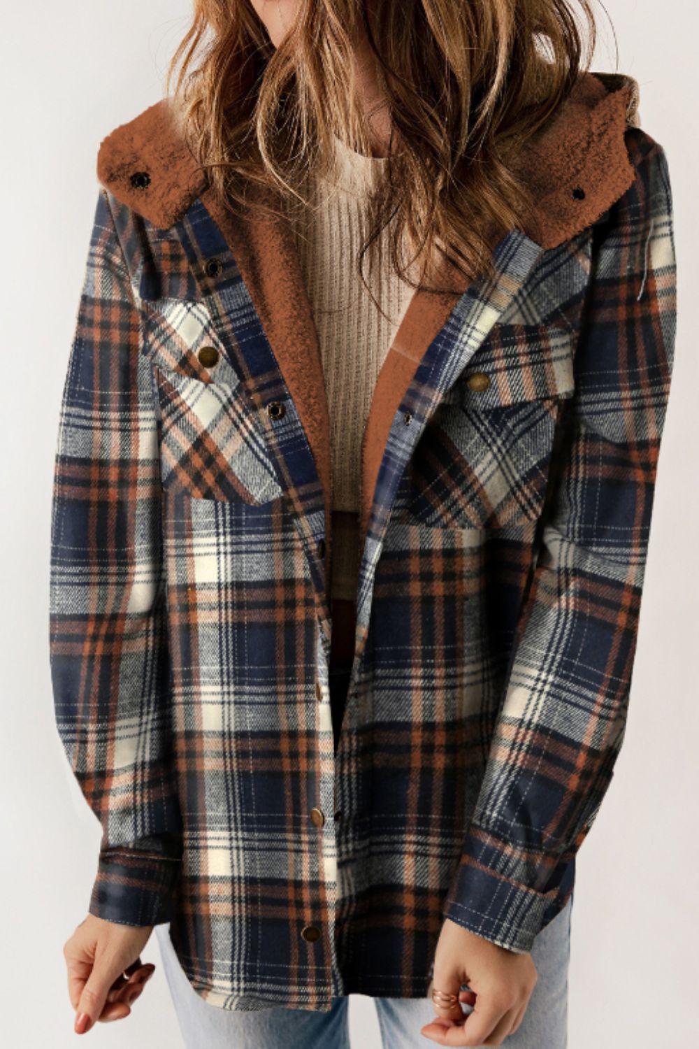 Brigida® | Checked button down long sleeve hooded jacket