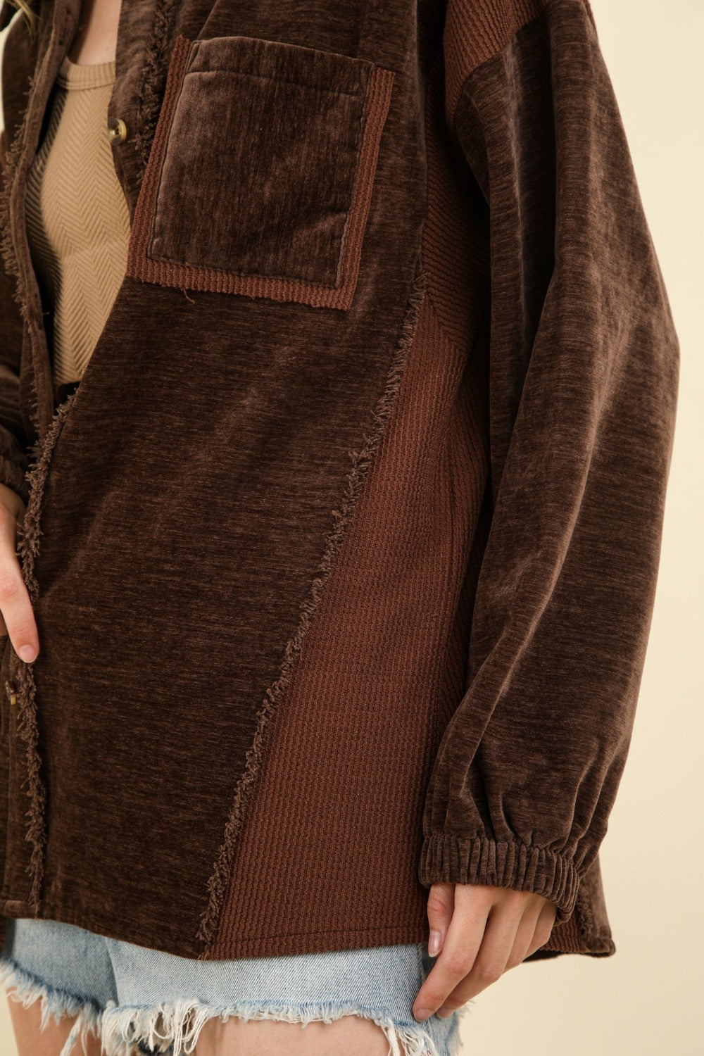 Carmen® | Mixed media button-down jacket with raw hem